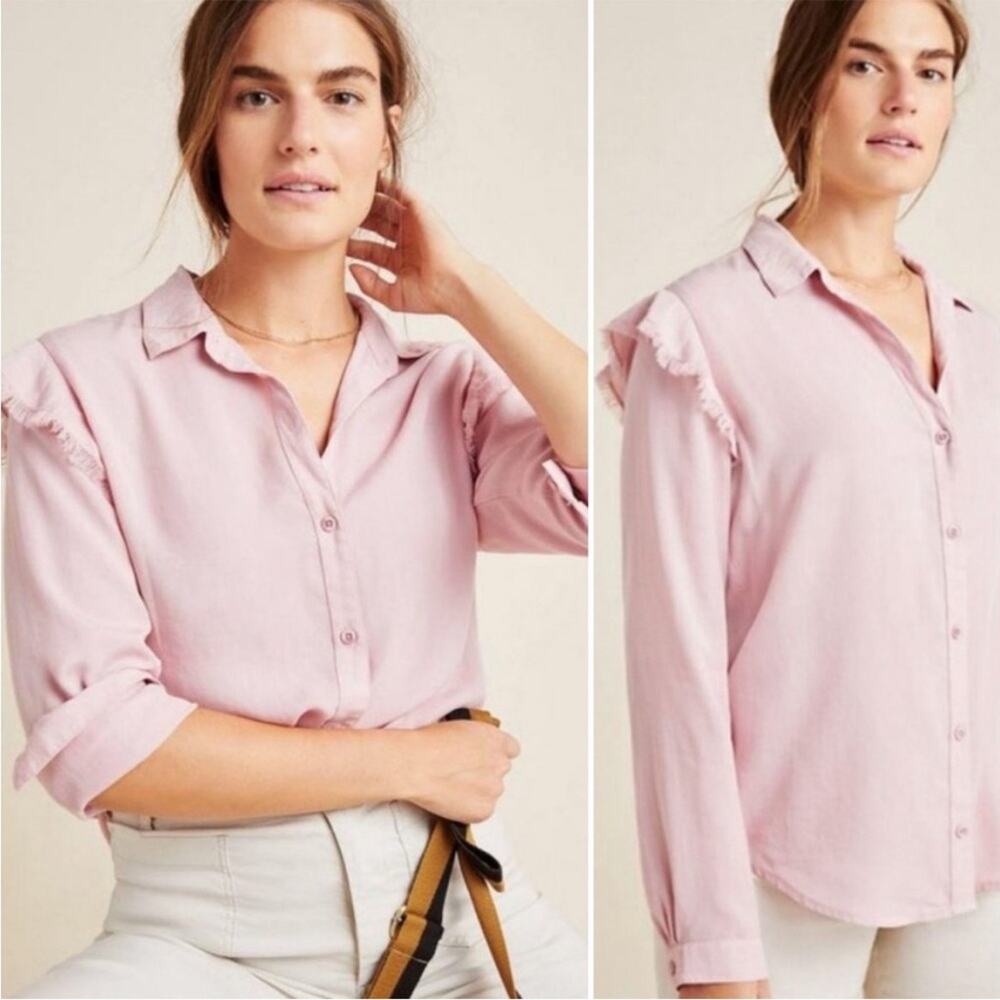 Anthropologie | Women’s Cloth & Stone Ruffled Shoulder Button Front Shirt Top L
